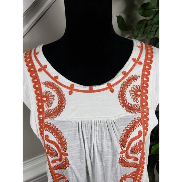 Free People Top Women XS White Orange Embroidered Boho Keyhole Cotton - Picture 5 of 14